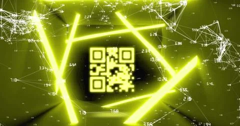 Image of flickering qr code over connections with numbers and neon lights Stock Photos