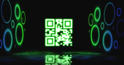 Image of flickering qr code over circle neon lights Stock Photos