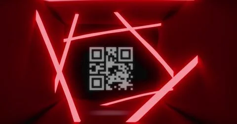 Image of flickering qr code scanner and neon red stripes against red background Stockillustratie