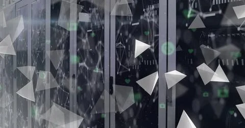 Image of floating 3d grey pyramids, green icons and networks over computer Stock Photos