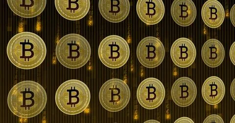 Image of floating bitcoins over binary coding 库存插图