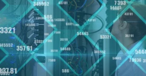 Image of floating changing numbers over caucasian woman working in server room Photos