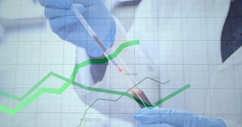 Image of floating diagrams and data processing over doctor checking samples and Stock Illustration