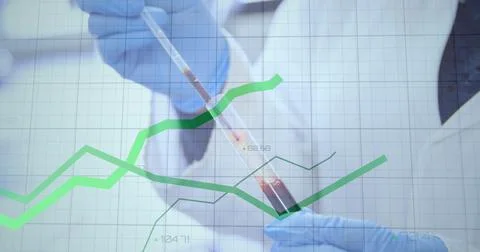 Image of floating diagrams and data processing over doctor checking samples Foto stock
