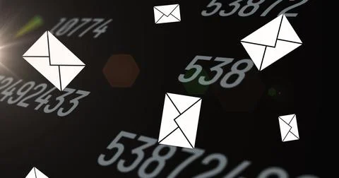 Image of floating emails over changing numbers on black background Stock Illustration