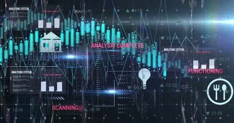 Image of floating icons, multiple texts, lens flares and dots against abstr.. Stock Illustration