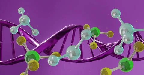 Image of floating molecules over dna strand Stock Illustration