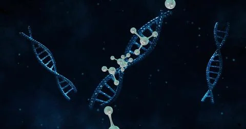 Image of floating molecules over dna strands on dark backgraund Stock Illustration