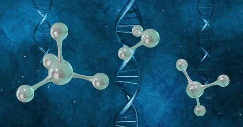 Image of floating molecules over dna strands Illustrazione stock