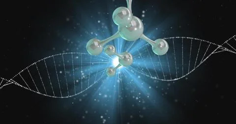 Image of floating molecules over dna strand Stock Illustration
