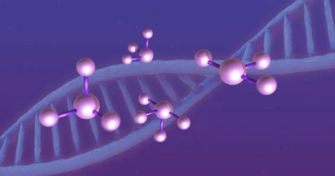 Image of floating molecules over dna chains on purple background Foto stock