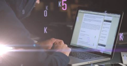 Image of floating numbers and letters over caucasian man using laptop Photos