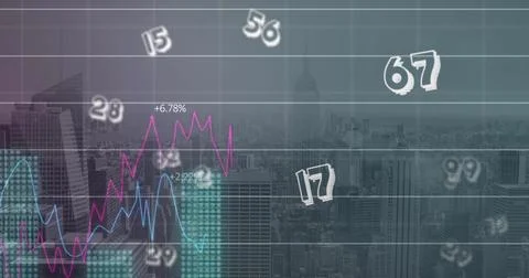 Image of floating numbers and statistical data processing against aerial view of Illustrazione stock