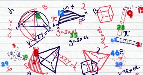 Image of floating numbers over mathematical equations on white background 스톡 사진