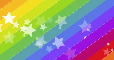 Image of floating stars over pride text and rainbow Stock Illustration