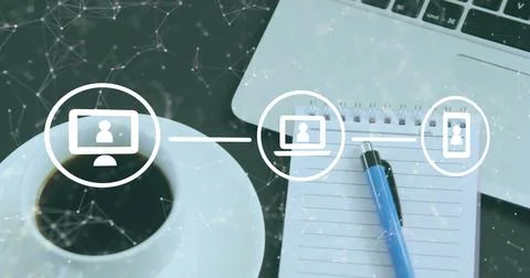 Image of flow chart of icon and connected dots over laptop, notepad and coffee 스톡 일러스트