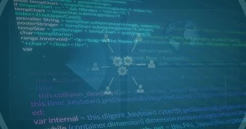 Image of flow charts with computer icons over programming language Stock Photos