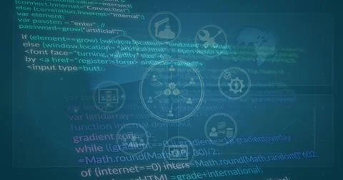 Image of flow charts with computer icons over programming language Stock Photos