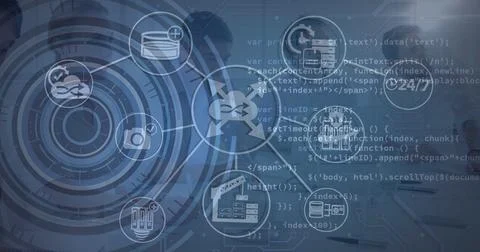 Image of flow charts with computer icons, circles and code over colleagues 스톡 사진