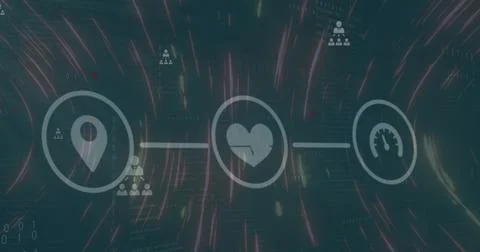 Image of flowchart and profile icons over circular abstract pattern against Stock Photos
