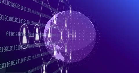 Image of flowchart, application icons, binary codes and rotating globe over 库存照片