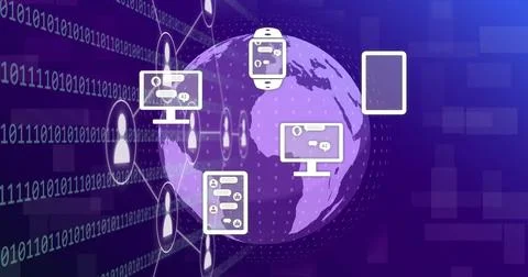 Image of flowchart, application icons, binary codes and rotating globe over Stock Photos