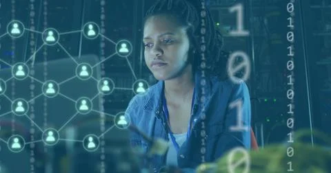 Image of flowchart of icons, binary codes, tired african american woman removing Stock Photos