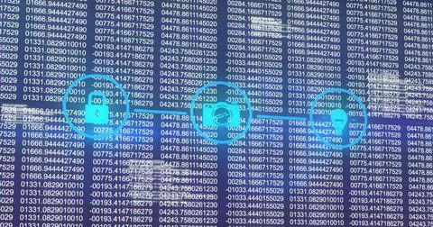 Image of flowchart of icons with changing numbers and computer language over Stock Illustration