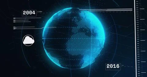 Image of flowchart of icons with lines, changing numbers over rotating globe Stock Photos