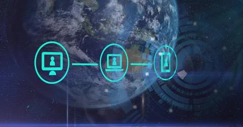 Image of flowchart of icons with loading circles over globe against space Stock Photos