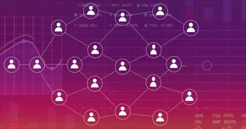 Image of flowchart of icons with multiple graphs and trading boards over Stock Photos