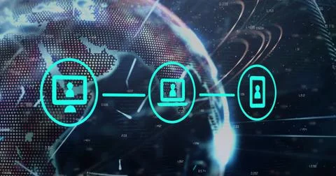 Image of flowchart of icons over changing numbers and lines on globe against Stock Photos