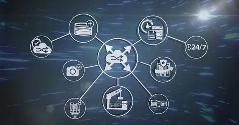 Image of flowchart of icons over circular abstract pattern and lens flare Stock Photos