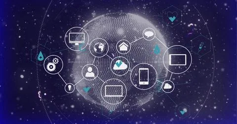 Image of flowchart of icons over connected dots around globe against abstract Stock Photos