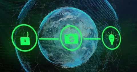Image of flowchart of icons over connected dots around globes against abstract Stock Photos