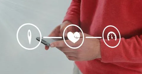 Image of flowchart of icons over midsection of caucasian man chatting using Foto stock