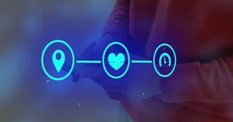 Image of flowchart of icons over midsection of caucasian man chatting using Foto stock