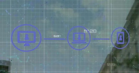 Image of flowchart of icons over modern building against connected dots in Fotos de archivo