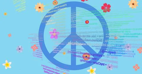Image of flowers and data processing over blue background with peace symbol Ilustração Stock