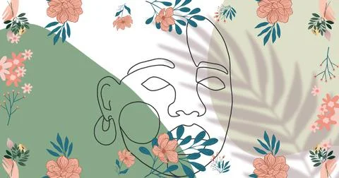 Image of flowers and face drawing over green and white background Ilustração Stock
