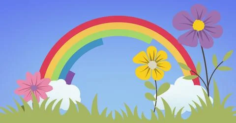 Image of flowers and grass over rainbow on blue background Ilustração Stock