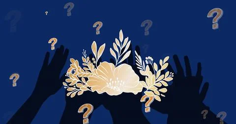 Image of flowers and hands over question marks Ilustração Stock