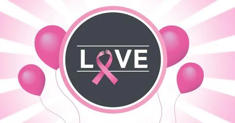 Image of flying pink balloon over pink ribbon logo and love text Ilustração Stock
