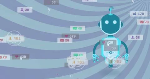 Image of flying robot and notification bars over striped pattern against blue Stock Illustration