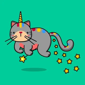 Image of a flying unicorn cat with a magic wand and stars. Vector illustration. Illustrazione stock