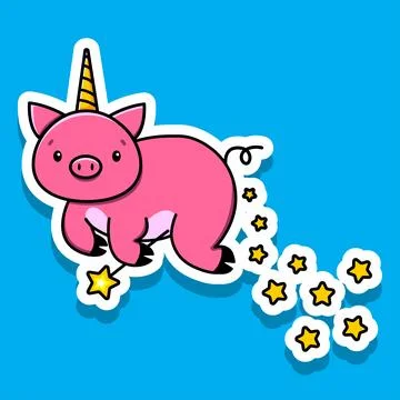 Image of a flying unicorn cat with a magic wand and stars. Vector illustration. Stock Illustration
