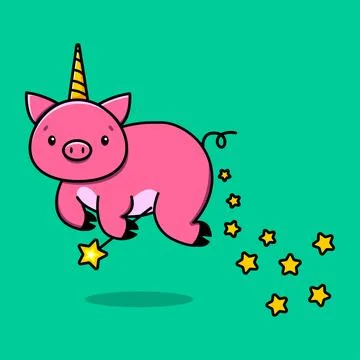 Image of a flying unicorn pig with a magic wand and stars. Vector illustration. イラスト素材