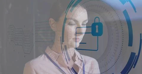 Image of folder and padlock and data processing over caucasian businesswoman by Stock Photos