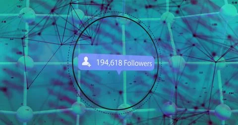 Image of followers text, countdown, icon in speech bubble, dna helix, dots Stock Photos