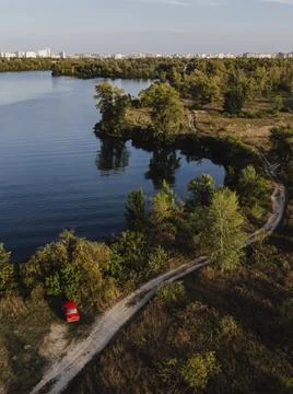 Image of forest and beach of the river Stock Photos